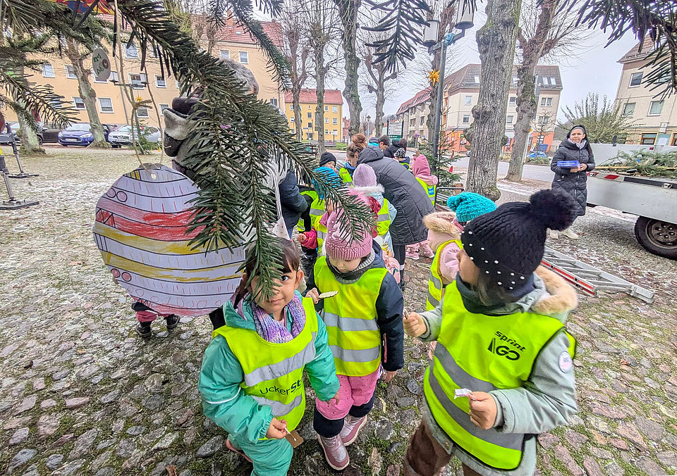 Die unteren Zweige des Lychener Weihnachtsbaums werden traditionell von den Kita-Kindern geschmückt. (Foto: Birgit Bruck) Die unteren Zweige des Lychener Weihnachtsbaums werden traditionell von den Kita-Kindern geschmückt. (Foto: Birgit Bruck)